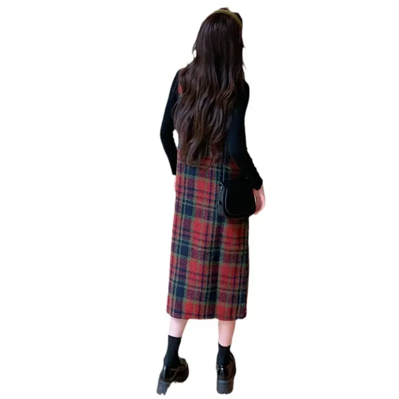 Autumn/Winter New Vintage Red Plaid Maternity Suit Half Polo/Turtle Neck Knit Base Layer Pregnant Women Clothing Set