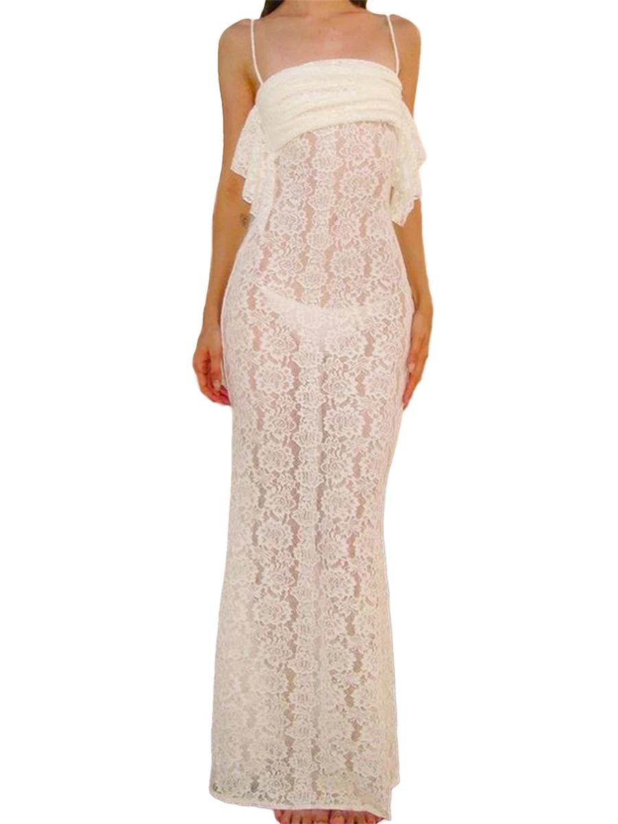 

wsevypo White Lace Floral Crochet Long Cami Dress Women Summer Beach Party Night Gown Vestidos Sleeveless Backless Sheer Dress