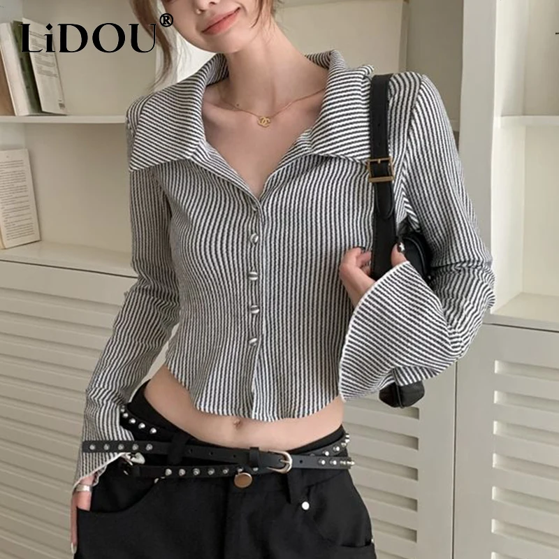 

Spring Autumn Polo-neck Striped Print Short Shirt Ladies Flare Long Sleeve Crop Top Women Single Breasted Slim All-match Blouse