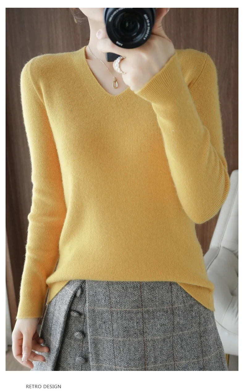 2022 Spring Autumn Women's Cashmere Sweater Pullover V-Neck  Casual Fashion Pure Color High Quality long cardigan