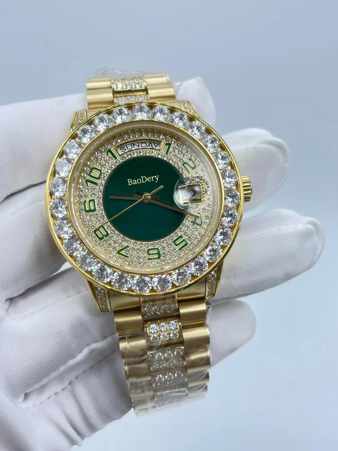 40mm large diamond ring green digital dual calendar,