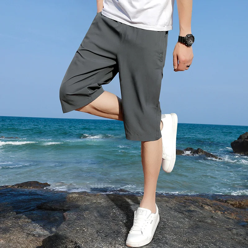 Summer New Solid Color Fashion Elastic Waist Straight Pants Men High Street Pockets Quick Drying All-match Calf-Length Pants