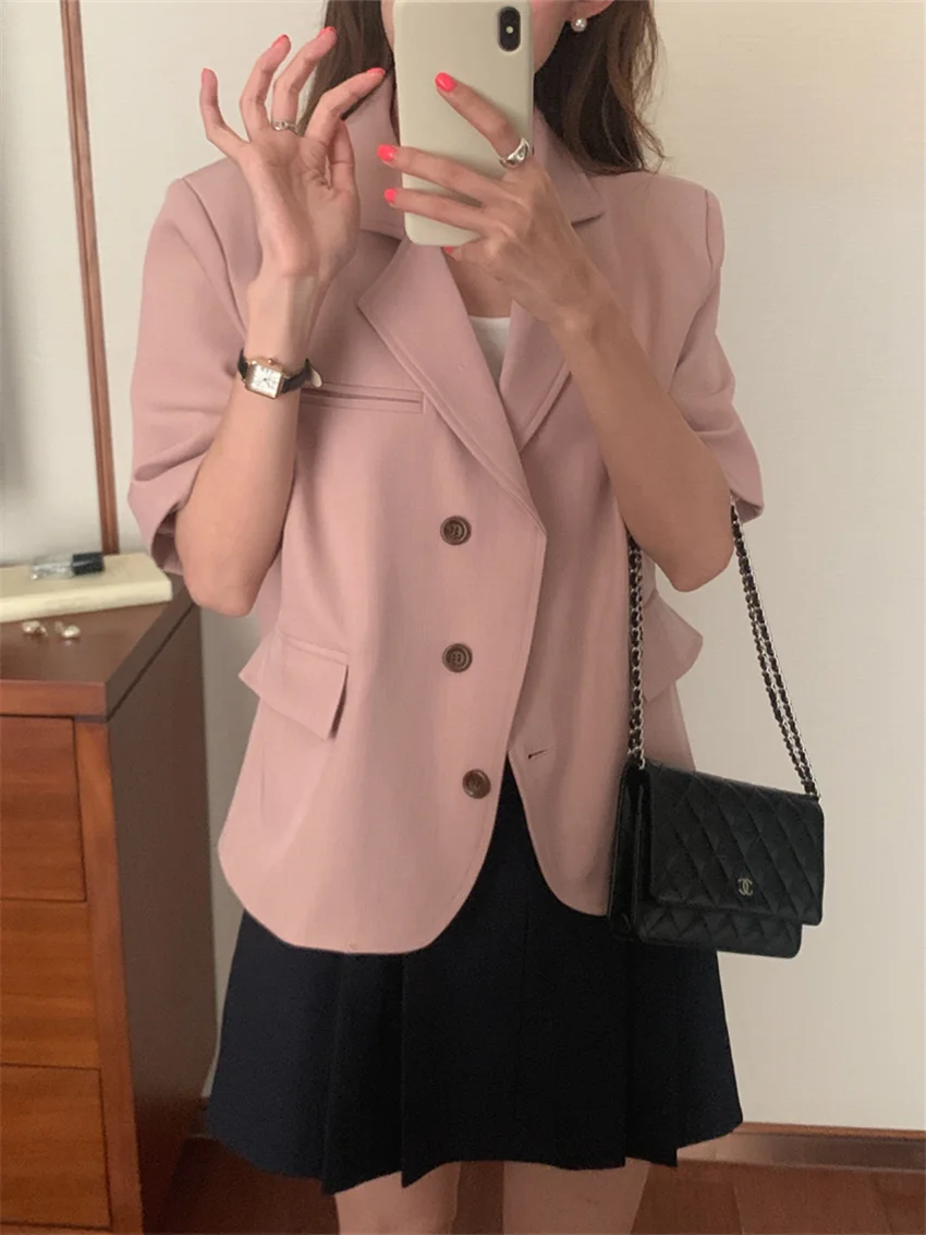 Arazooyi Solid Blazers Women Work Wear Short Sleeve New Loose 2023 Slim Minimalist Elegant All Match Office Lady Chic Coats