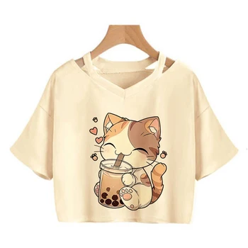 A Cute Patterned Orange Tabby Cat with A Smile Print Crop Tops Tshirt Women Graphic Tshirt Short Sleeve Cropped T Shirt Clothes 1