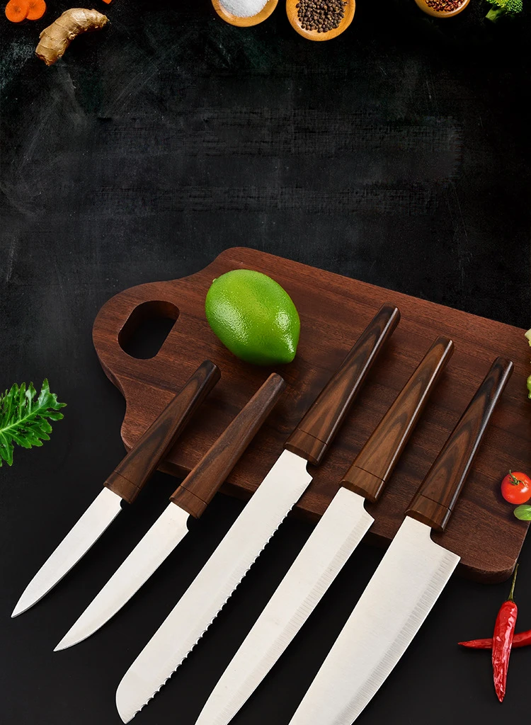 Kitchen Knives & Accessories luxury 5 Piece Set Stainless Steel Kitchen Knife Wood Grain Handle Slicing Knife Chopping Knife Meat Chopping Knife Bread Knife fiskars knife block