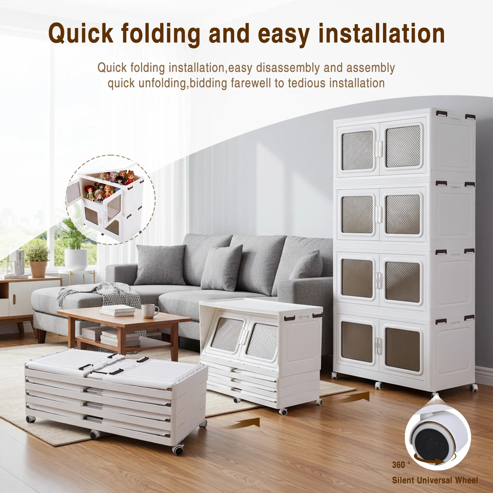 Stackable Storage Bin with Lid Plastic Storage Cabinet with Wheel Free Installation Storage Cabinet for Bedroom and Living Room