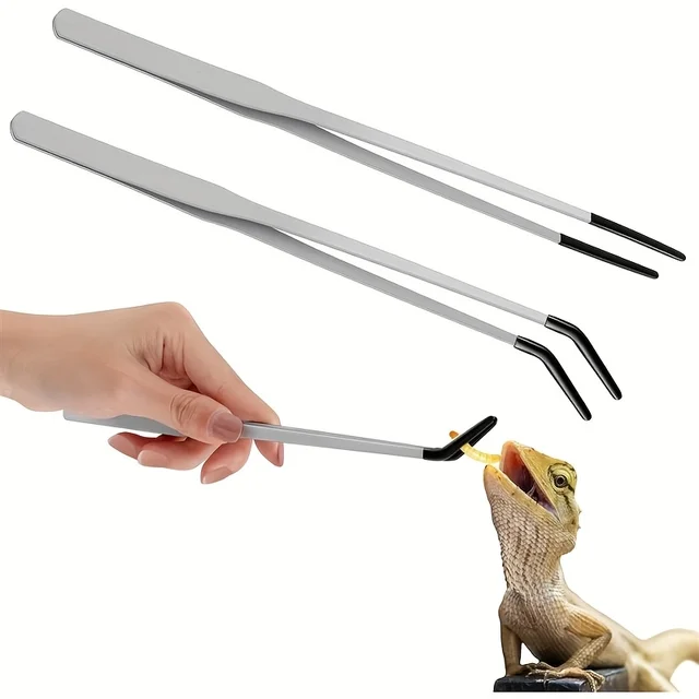 2pcs Stainless Steel Reptile Feeding Tongs -Straight & Curved, Rubber Tips, Ideal for Bearded Dragons & Aquariums