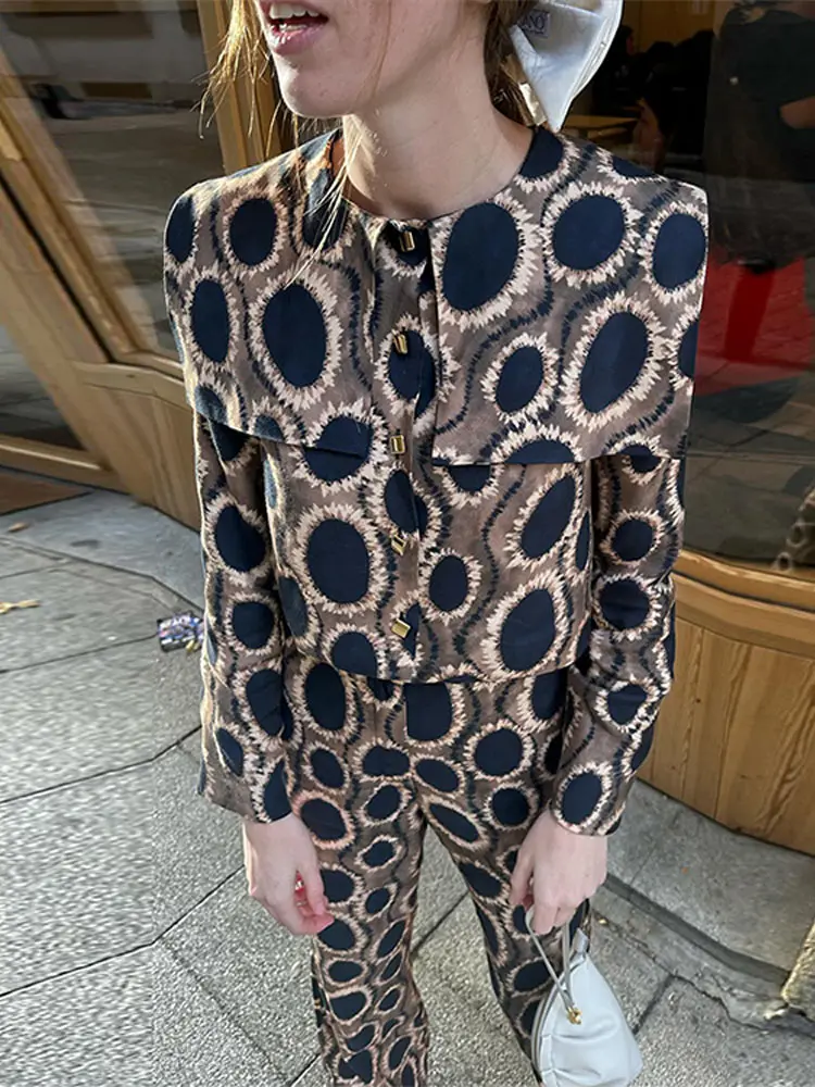 Chic Print Women\'s Loose Straight Pants Suit Elegant Navy Collar Single Breasted Crop Shirt Set Spring Lady Fashion Outfits 2024