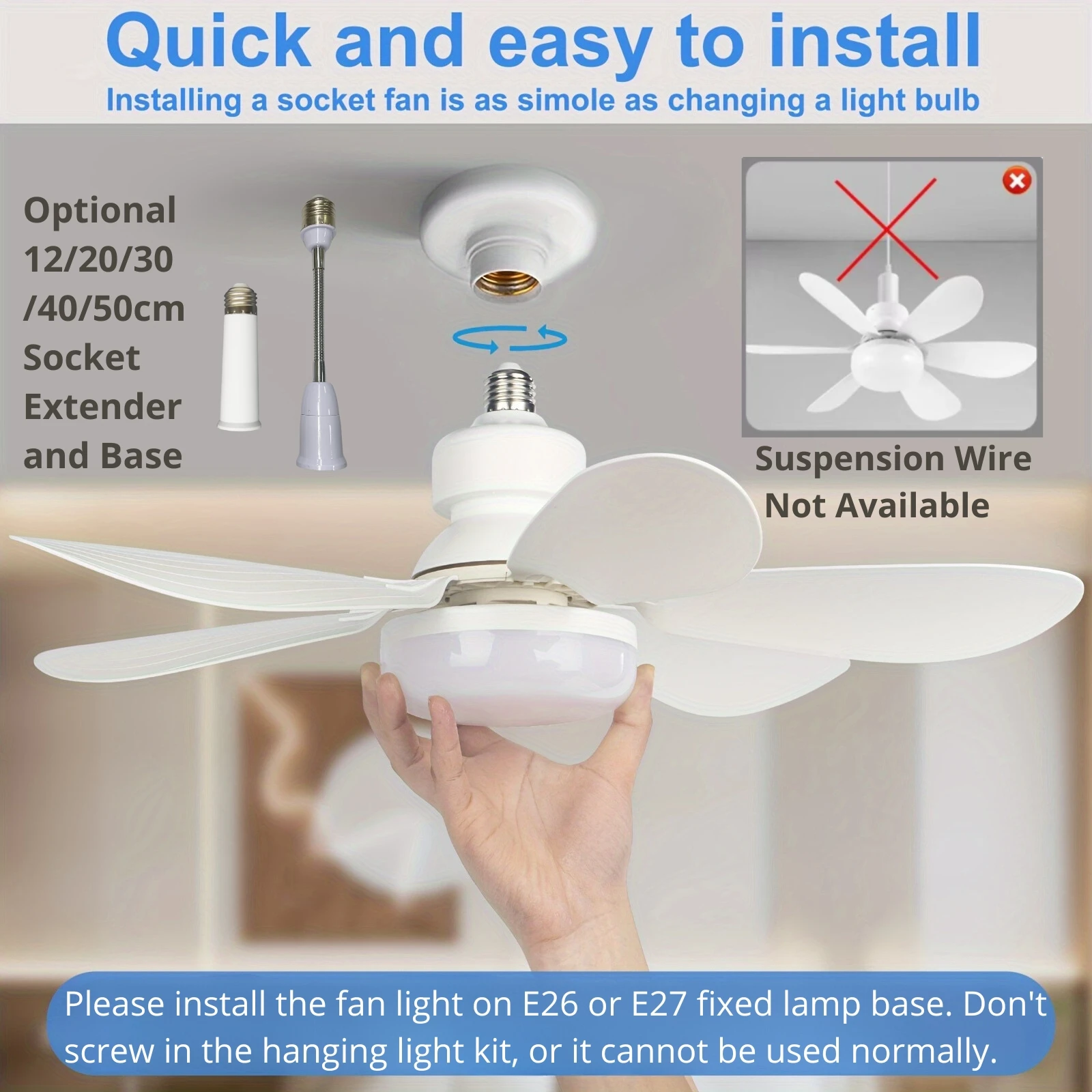 20.5in Ceiling Fan Light with Remote 40W Socket Fan with LED E27 Cordless Screw For Kitchen Bedroom Small Rooms