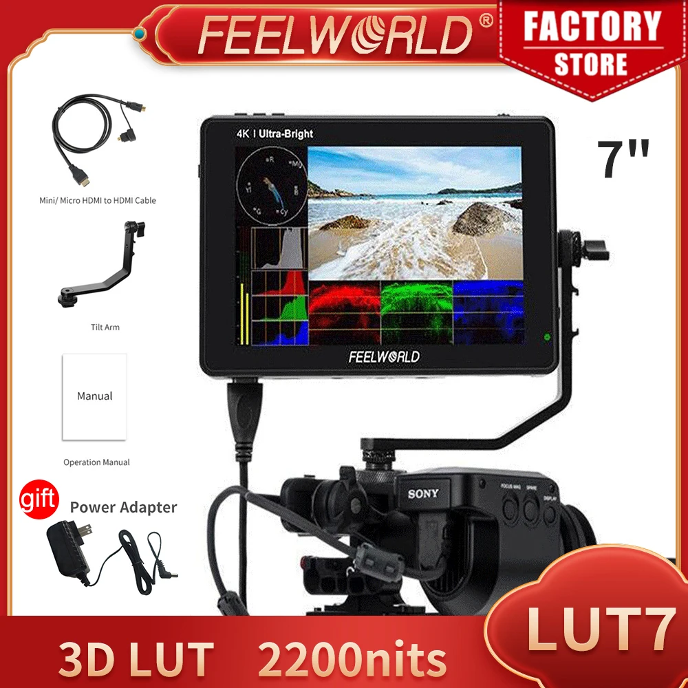 

FEELWORLD LUT7 7 дюймов 2200 нит 3D LUT сенсорный Экран полевой монитор с разрешением 4K HDMI Full HD 1920x1200 IPS монитор для цифровых зеркальных камер видео