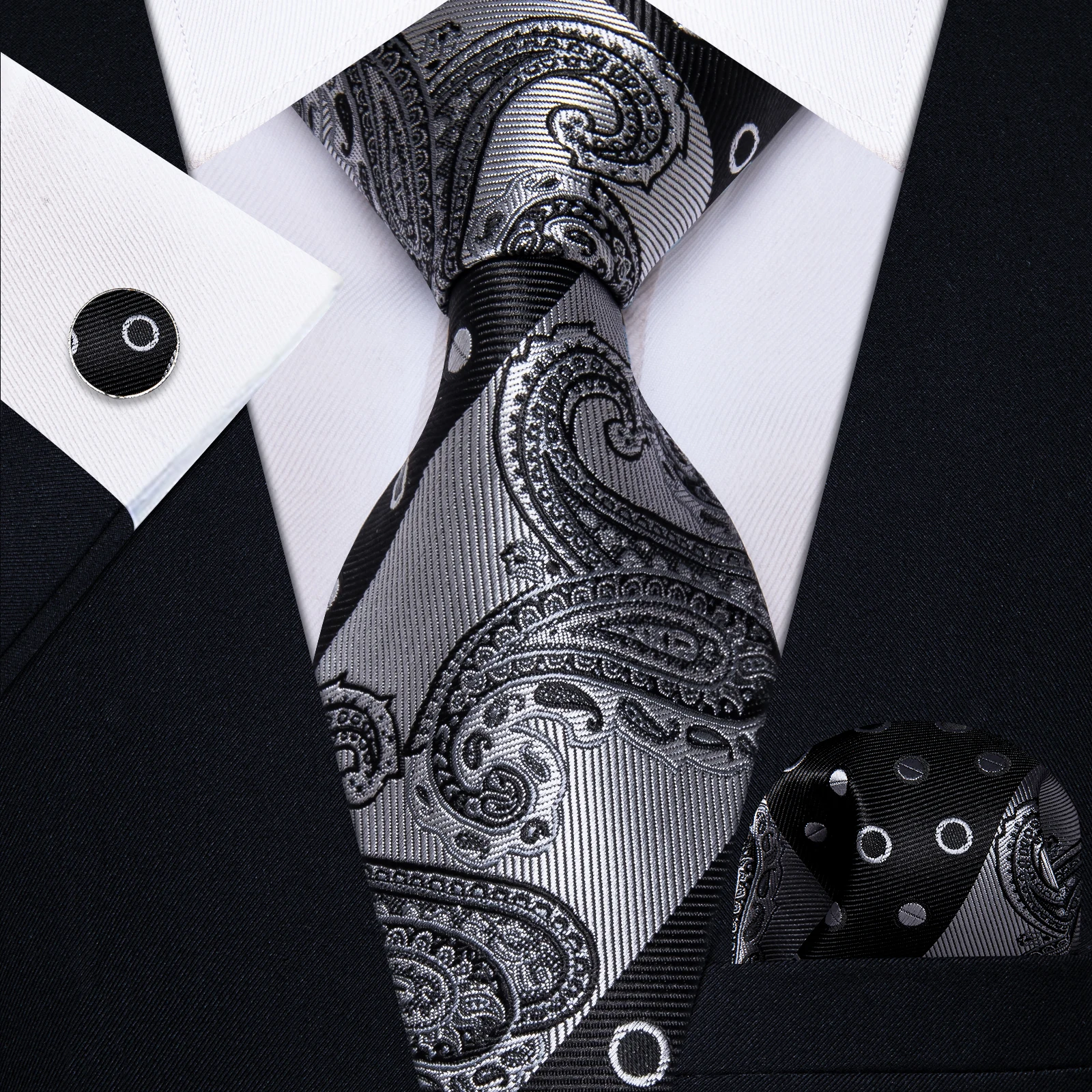 

Novalty Men's Black Dot Gray Jacquard Paisley Necktie for Wedding Party Dinner Classic Luxury Tie with Pocket Square Cufflinks
