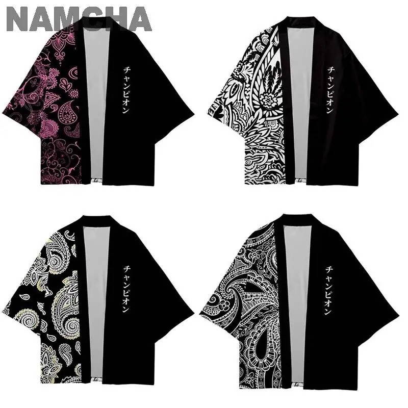 

News Kimono Japanese Capes Cashew Flower 3D Digital Printing Casual Cardigan Men Samurai Jacket Haori Clothing Five-Sleeve Cloak