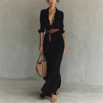 Women's Fashion Solid Holiday Party Dress Elegant Lapel Button Draped Long Dress Casual Long Sleeve Match With Belt Shirt Dress 1