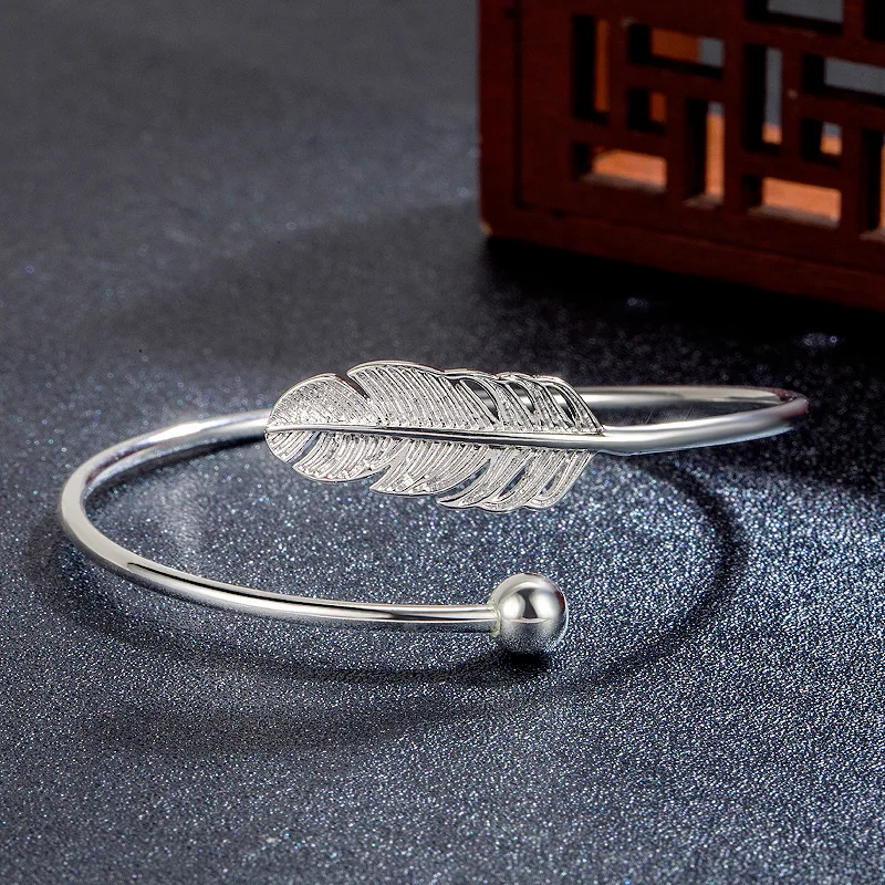 Feather Bangle Bracelet for Women Luxury Jewelry Rose Gold Silver Cuff Bangles 5
