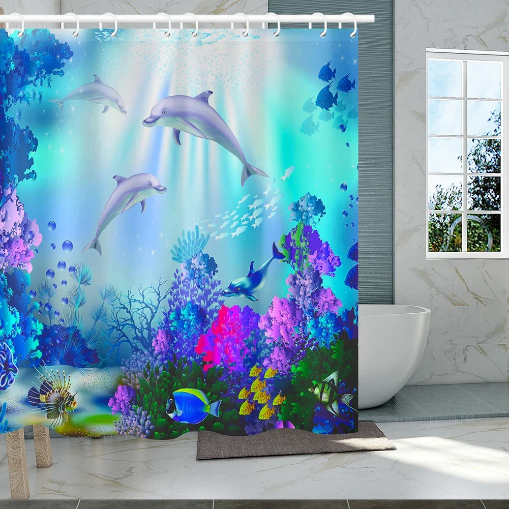 Dolphin Ocean Shower Curtain Sea Summer Beach Underwater Bath Screens Bath Shower Curtain with 12 Hooks for Bathroom Room