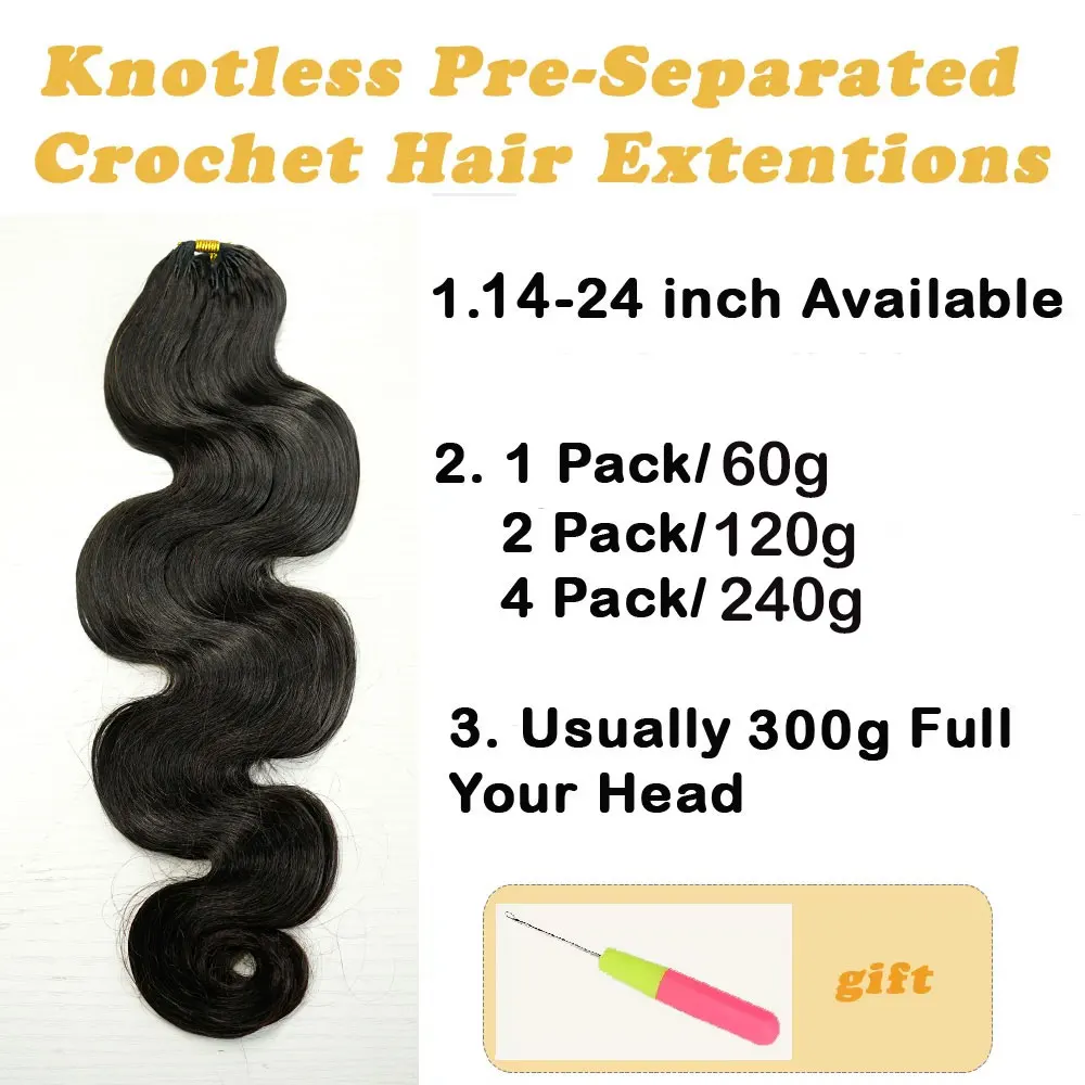 Knotless Pre Separated Crochet Human Hair Extensions Body Wave Brazilian Braiding Hair Feather Extensions For Black Woman