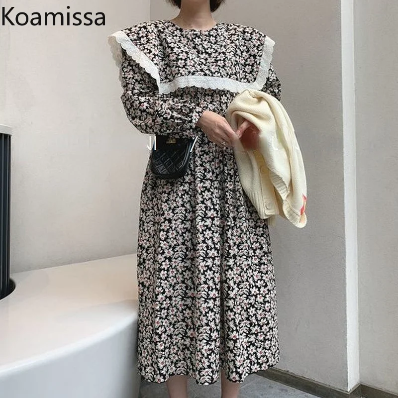 

Koamissa Retro Women Sweet Maxi Flower Dress Peter Pan Collar Chic Korean Dresses Female Spring 2022 Outwear Vestidos Dropship