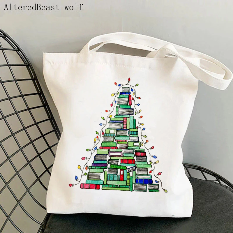 Women Shopper bag Christmas Book Tree Kawaii Bag Harajuku Shopping Canvas Shopper Bag girl handbag Tote Shoulder Lady Bag