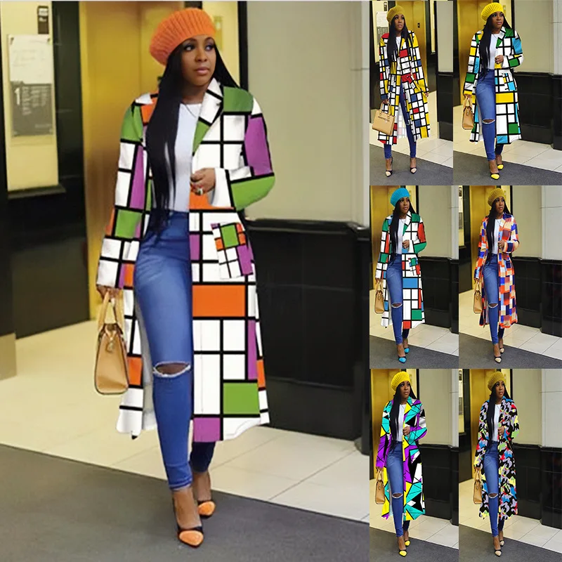 Autumn and Winter New Windbreaker European and American Large Size Plaid Printed Double Breasted Lapel Coat Coat Women's Coat