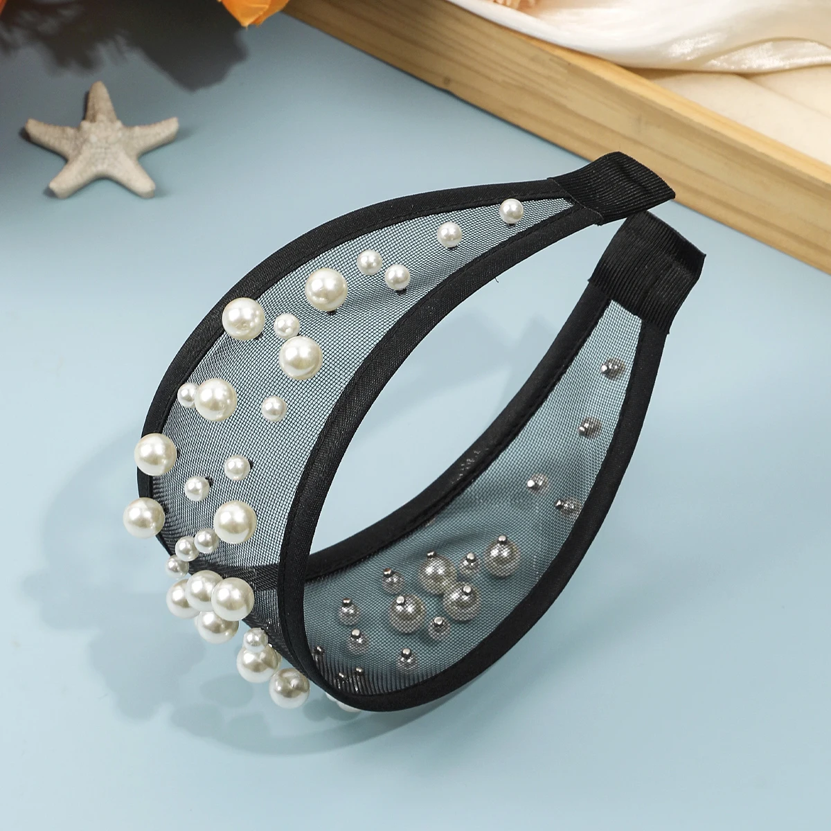 Fashion Pearl Mesh Wide Headband For Women Girls Vintage Elegant Hair Accessories Hair Bands Shopping Party Travel Headwear