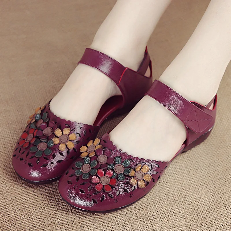 Luxury flower deco cut-outs sandals woman geunine leather flats non-slip summer 2024 designer mary janes shoes