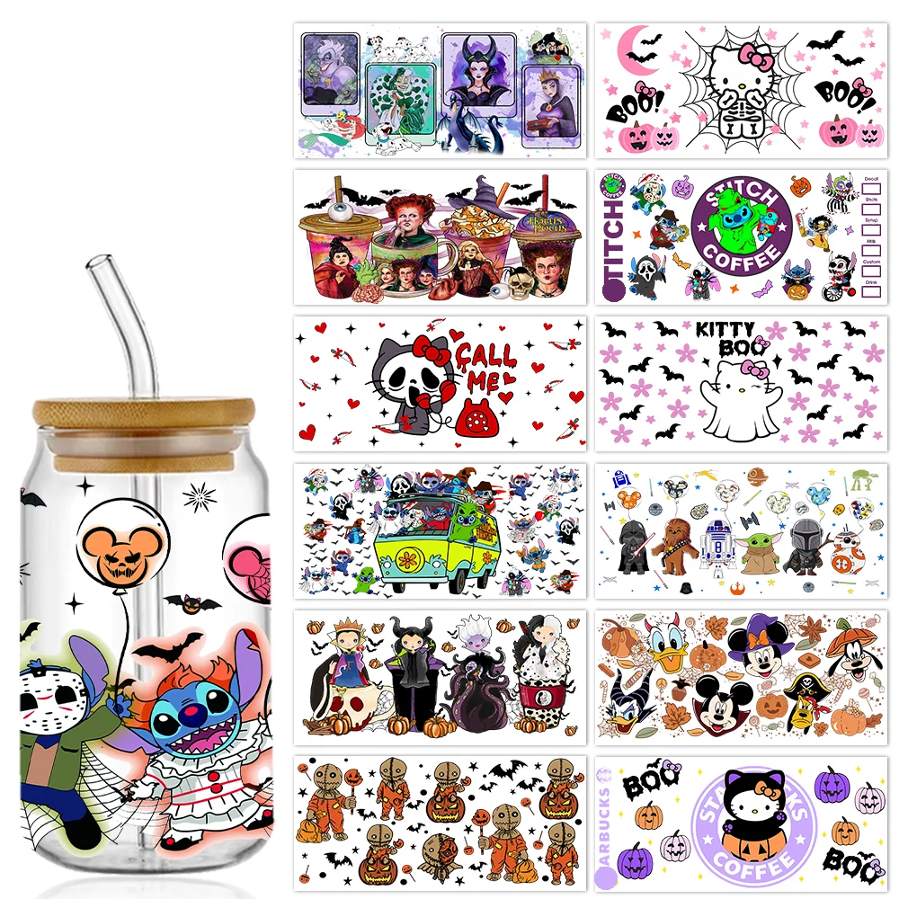 Sticker Cups Cup Wraps UV DTF Wrap Transfer Cartoon Halloween Kitty Libbey 16oz UV DTF Cup Wrap Beer Glass Can Wrap DIY Sticker Permanent Adhesive Waterproof Washable