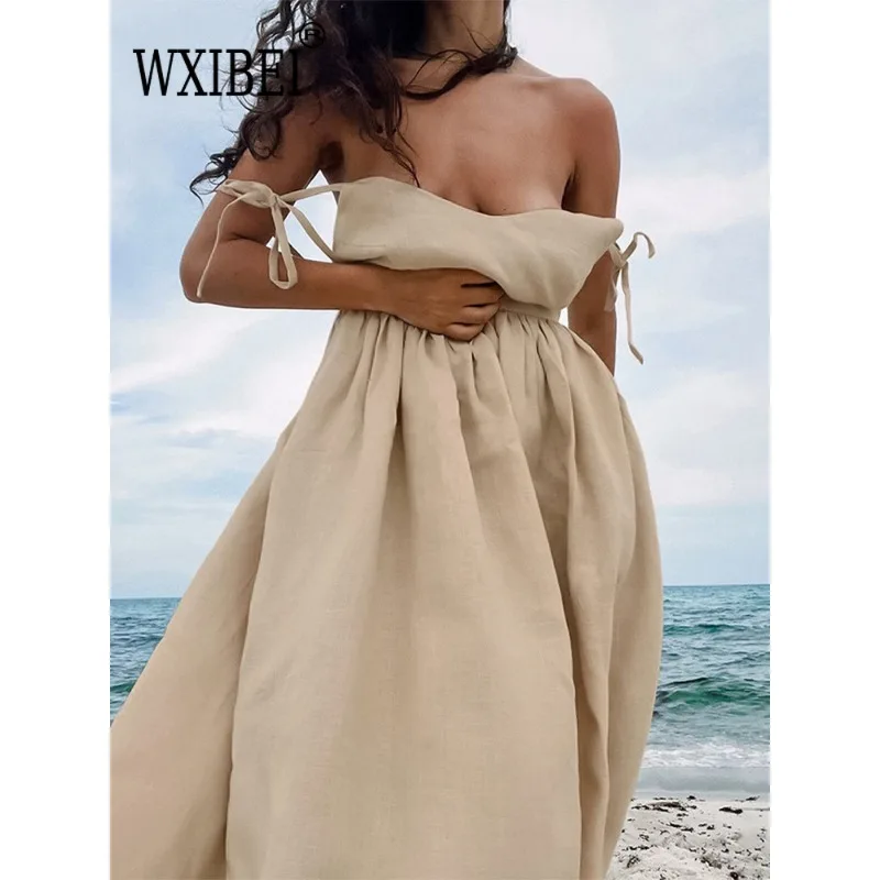 

WXIBEI 2024 Summer Spaghetti Strap Cut Out Dress Women's Sexy Off Shoulder Sleeveless A-line Dresses Female Evening Robes 03A038