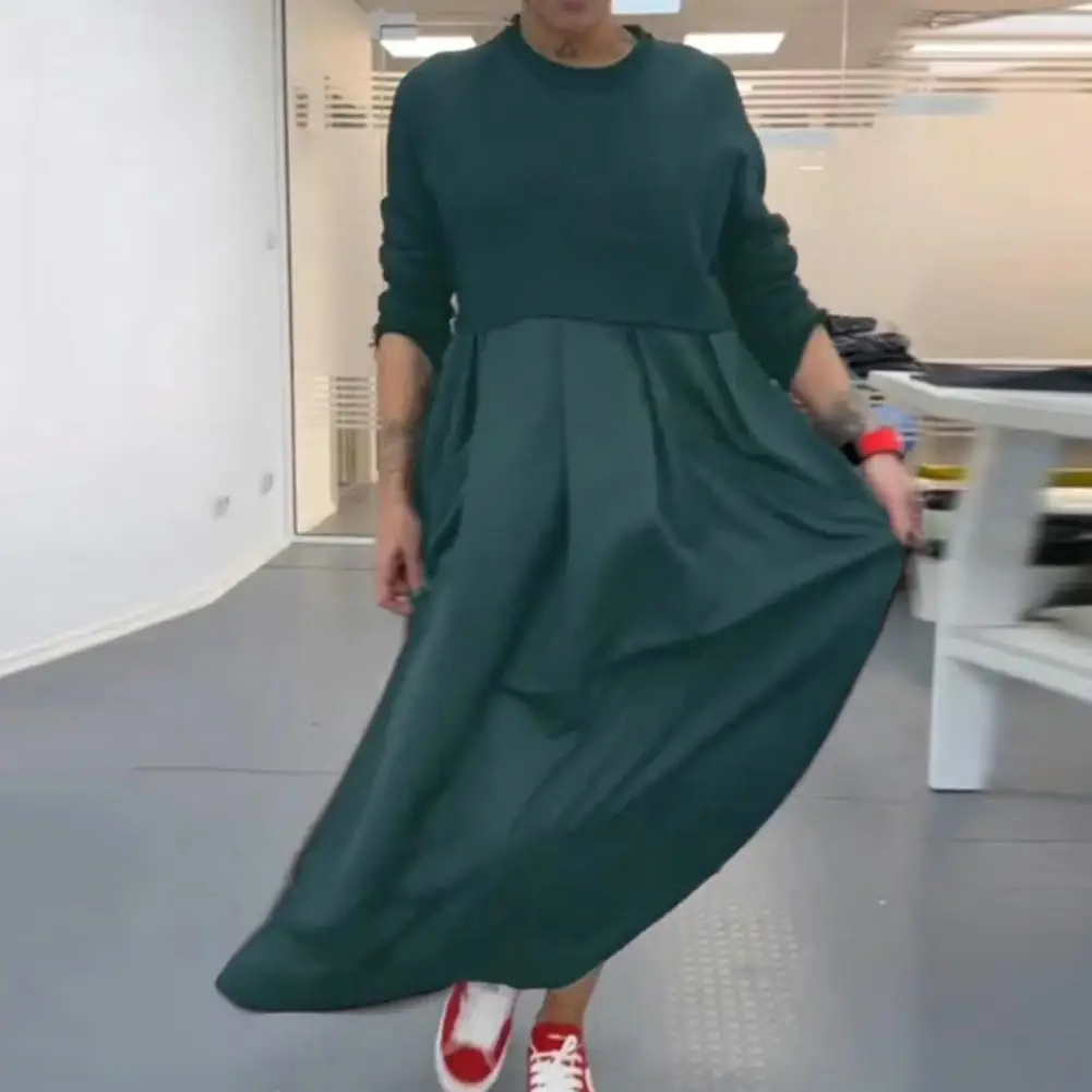 

023 Elegant Solid Dress Women's Spring Sundress Casual Long Sleeve Pleated Maxi Vestidos Female Cotton Robe Oversized