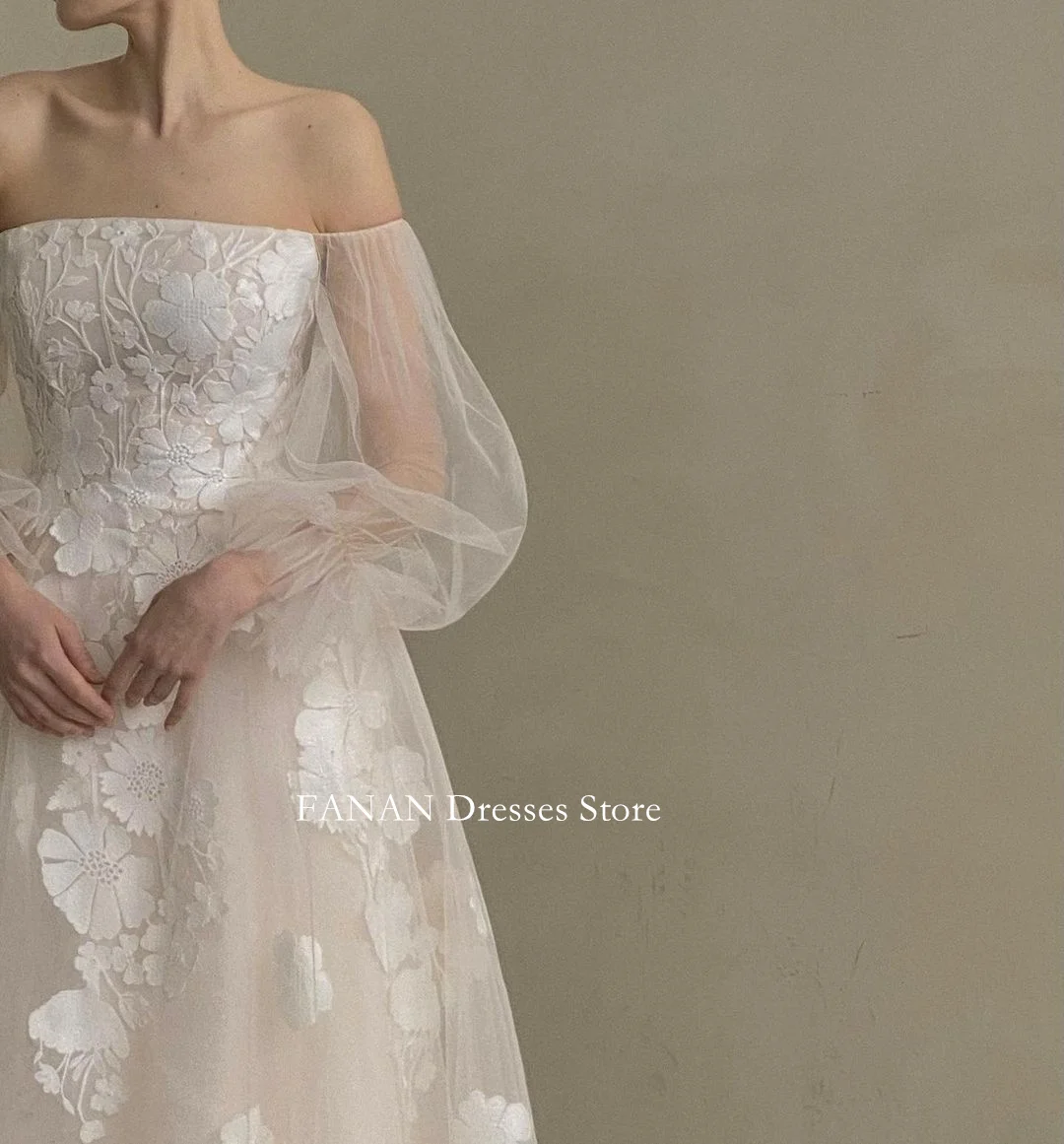 Korea Off the Shoulder Wedding Dresses Puff Sleeves Classic Tulle Appliques Bride Gowns Plus Size