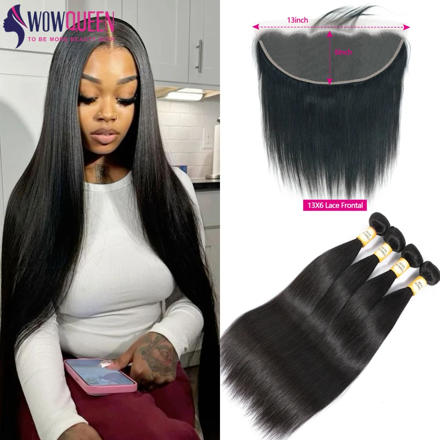 36 38 40 Inch Straight Human Hair Bundles with 13x6 Transparent
