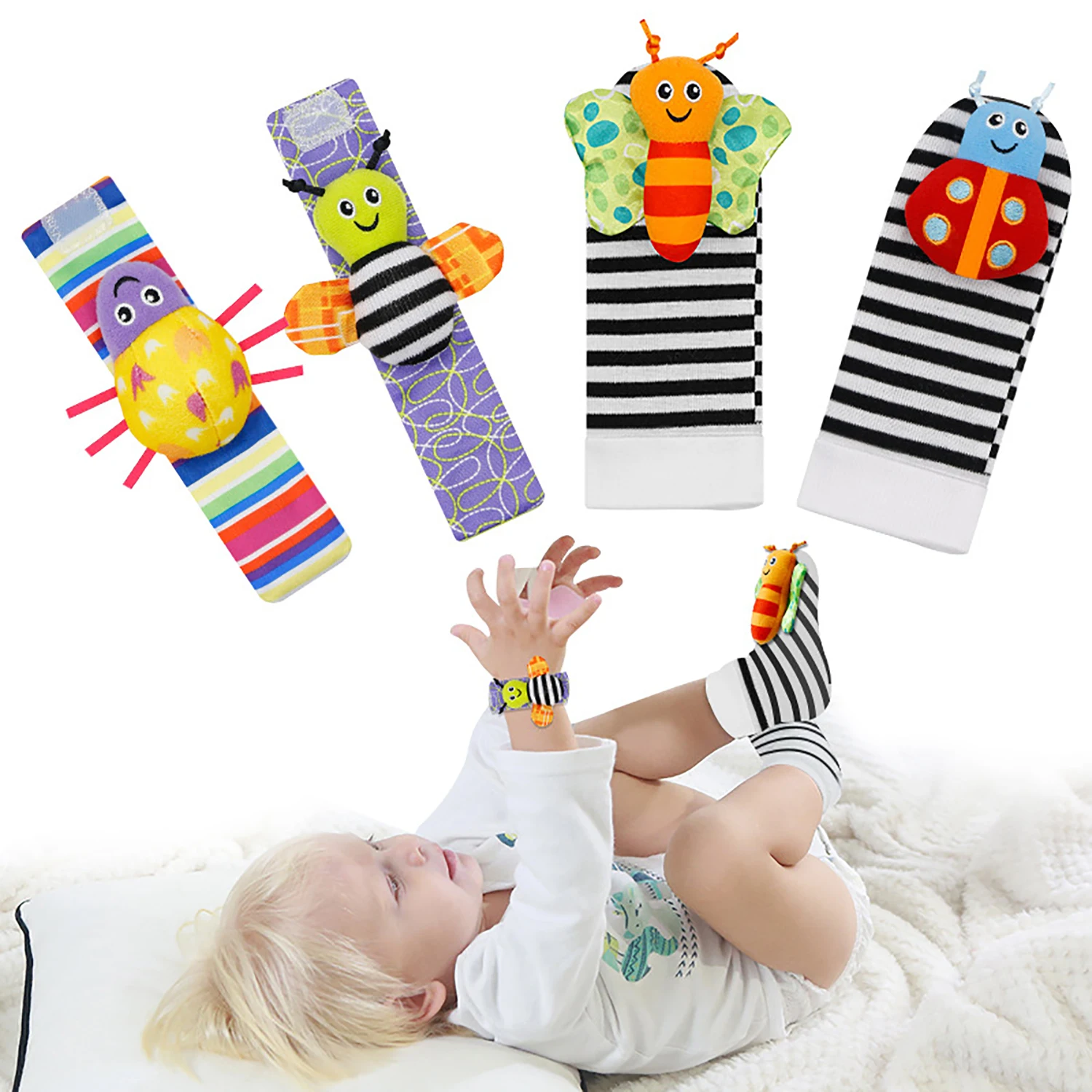 Baby Watches 4pcs Wristbands Socks Ringing Bells Early Education Puzzle