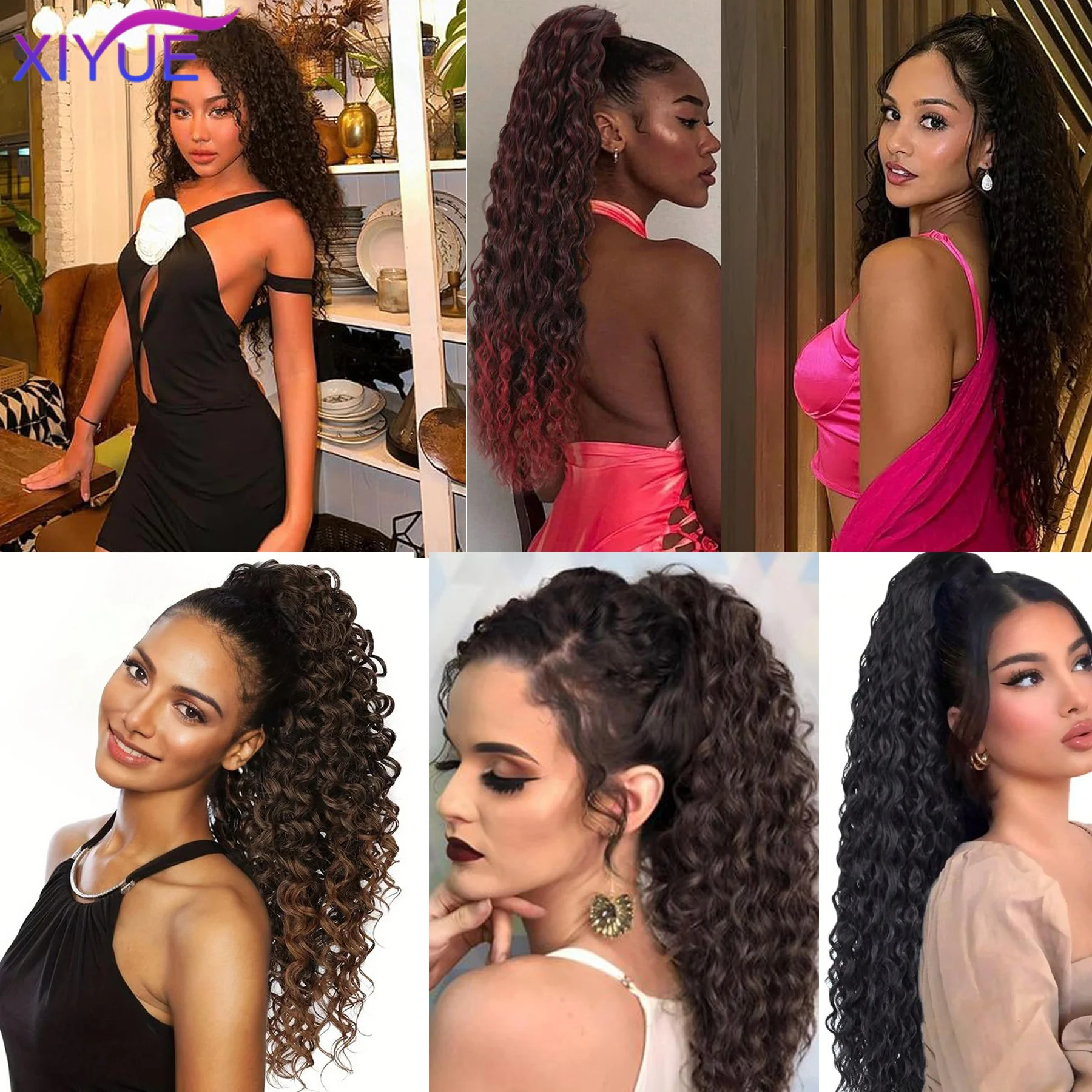 XIYUE Long Curly Drawstring Ponytail Synthetic Ponytails for Women Black Blonde Red Ponytail Clip in Hair Extensions for Daily