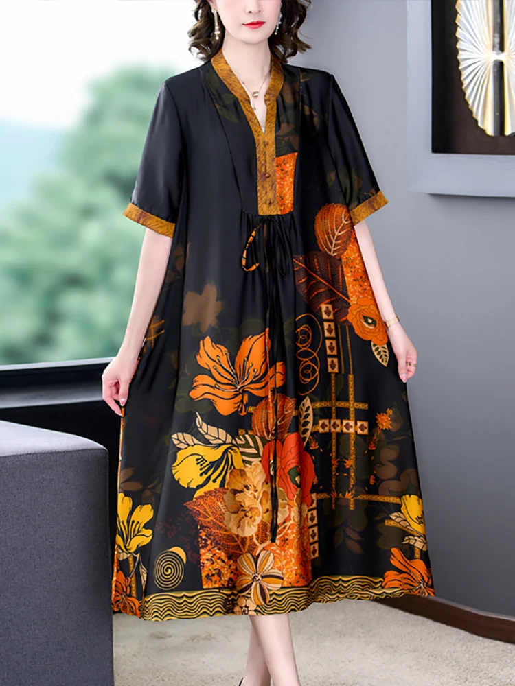 

Women Floral Silk Satin Luxury Party Vestidos Prom 2024 Korean Vintage Elegant Casual Home Dress Summer Fashion Loose Waist Robe