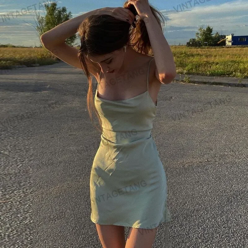 

New Women Sexy Green Spaghetti Strap Dress Female High Waist Sheath Club Dresses Women Short Summer Mini Sleeveless Vestidos