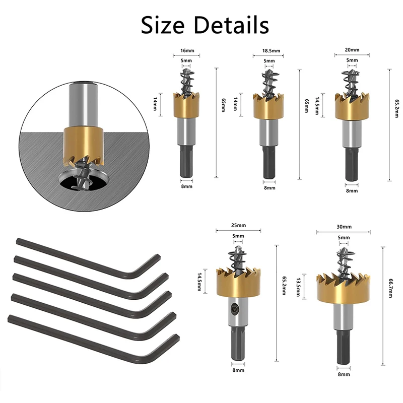 5pc 티타늄 도금 톱니 모양의 구멍 오프너 골드 알루미늄 플레이트 철판 드릴링 드릴 비트 16-30mm 도구 세트