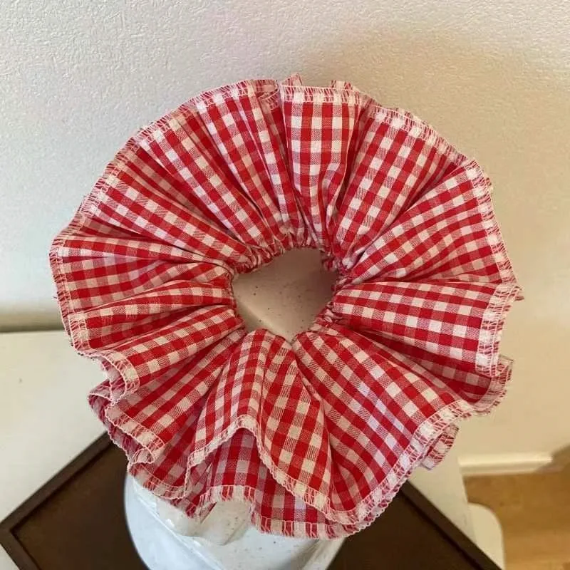 Summer Cute Plaid Cotton Hair Scrunchies - Extra Large Four-Layer Headwear