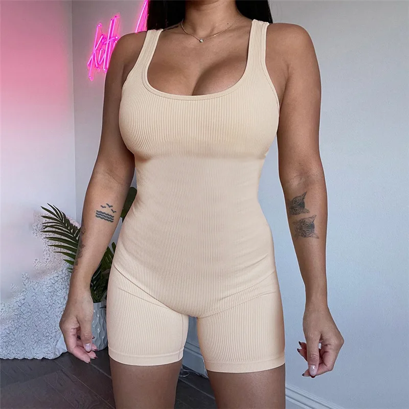 

Women Workout Romper Solid Color U-neck Sleeveless Backless Bodysuit Shorts Jumpsuits for Sports Gym Yoga Fitness Playsuits