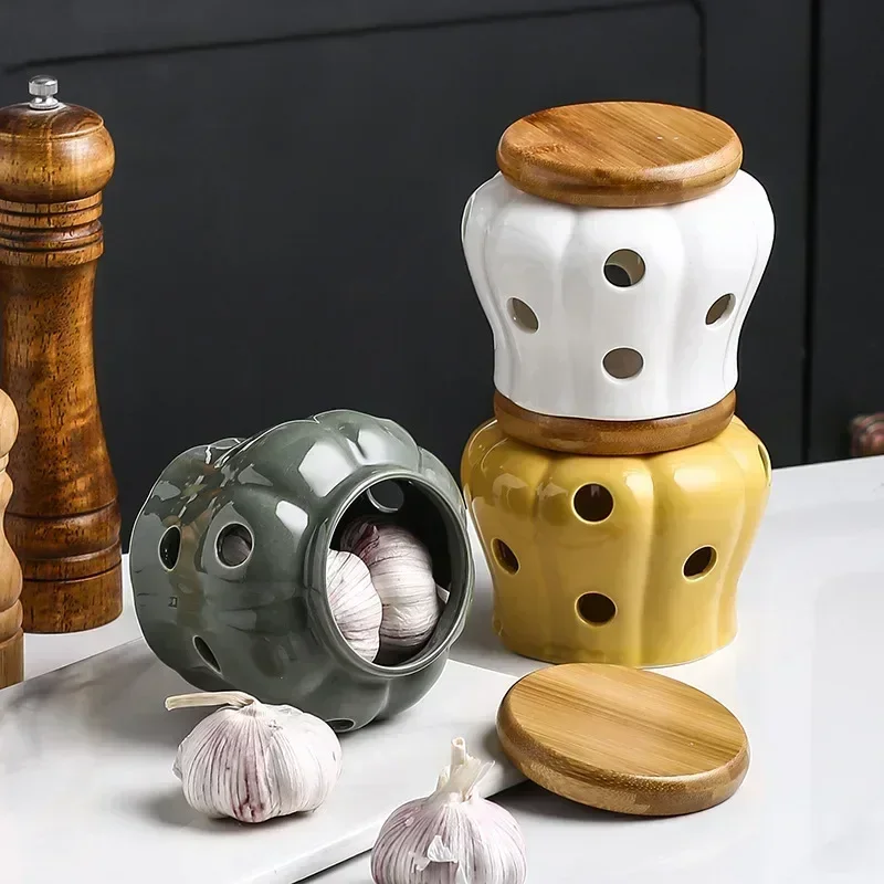 Hollow Openwork Ceramic Garlic Storage Jar with Lid Pumpkin shape Garlic Head Ginger Chili Pepper Storage Jars Candle Lampshade 4