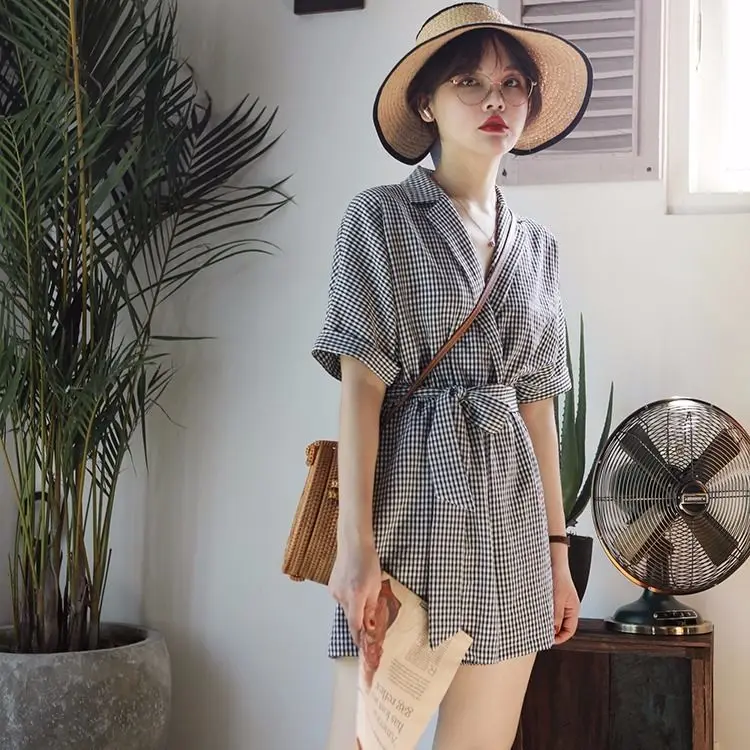 Rompers Lace-Up Women Vintage GrayDeign Chic Summer Loose Wide-Leg Office Lady Playsuits Clothing Popular Korean Elegant Grils