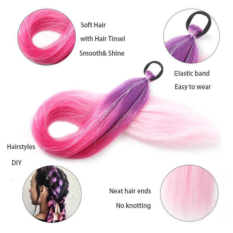 Ombre Braiding Hair Extensions Synthetic Colorful Braid Ponytail Extension With Hair Tinsel 26 Inch Jumbo Ponytail For Women