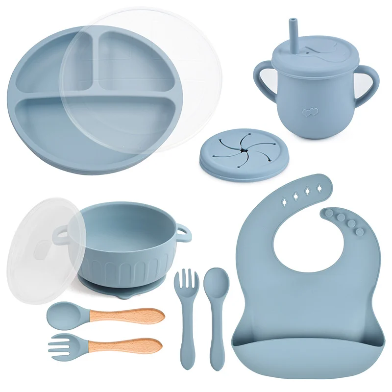 10pcs/Set Baby Children's Tableware Feeidng BPA Free ​Solid Color Food Plates Sucker Dishes Spoon Fork Sippy Cup Baby Stuff 5