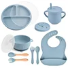 10pcs/Set Baby Children's Tableware Feeidng BPA Free ​Solid Color Food Plates Sucker Dishes Spoon Fork Sippy Cup Baby Stuff 5
