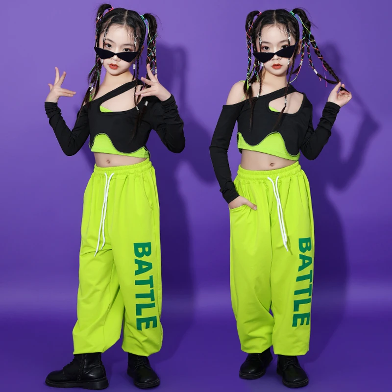 

Modern Dance Clothes For Girls Jazz Costume Black Tops Green Sweatpants Kids Hip Hop Dance Outfit Stage Wear Kpop Suit BL10605