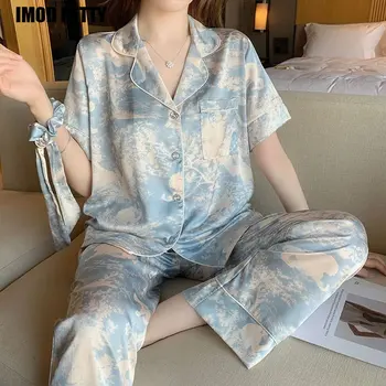여름 얇은 가디건 반팔 긴 바지, 디자인 미학 캐주얼 루즈한 가정 가구 세트, 여성 잠옷, 신제품