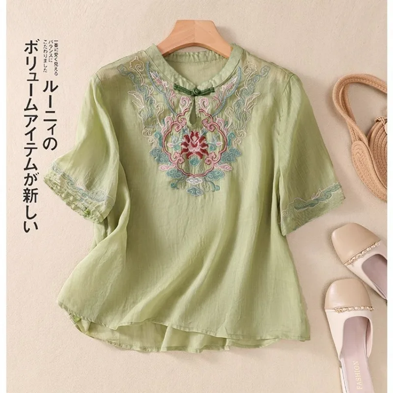 

Summer New Chinese Style Pullovers Crew Neck Pan Button Embroidery Spliced Short Sleeve Elegant Loose Commuter T-shirt Tops