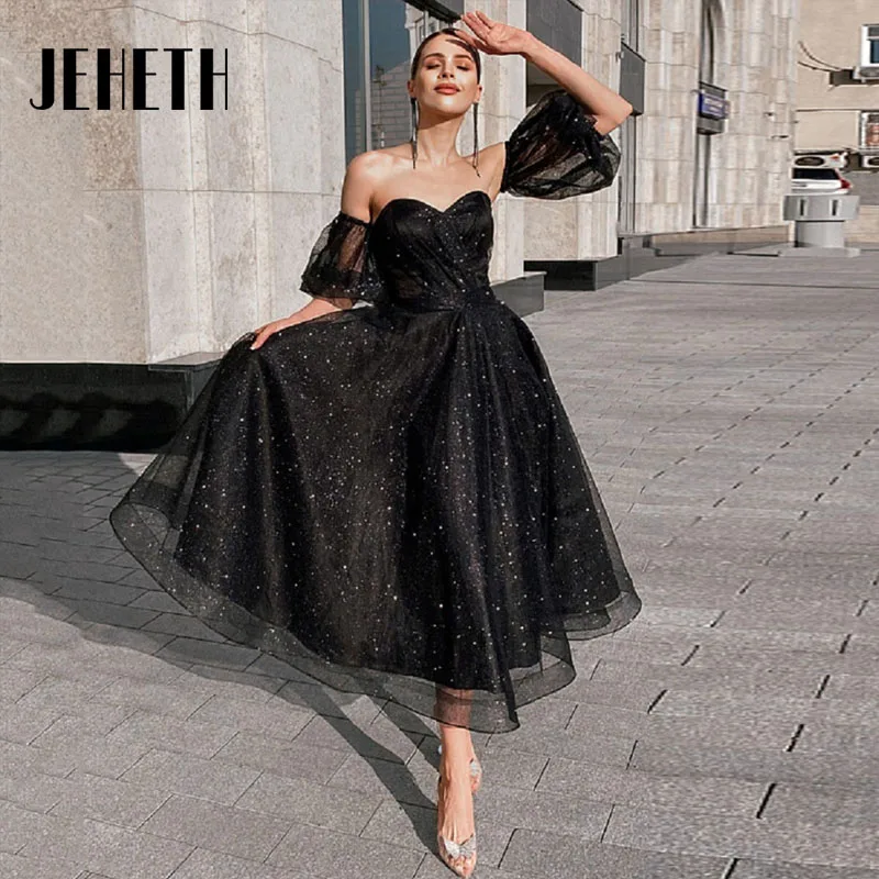 

JEHETH Charming Black A-line Evening Dresses 2023 Sweetheart Strapless Open Back Tea Length Party Prom Ball Gown Custom Made