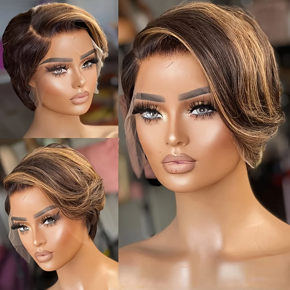 Straight Human Hair Wigs Short Pixie Cut Wig 13x1 T Part Transparent Lace Front Wig for Women