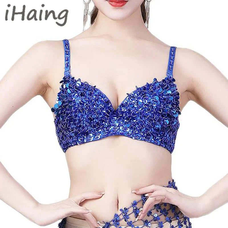 

Womens Sparkle Sequins Belly Dance Bra Top Glitter Rave Sexy Dancing Crop Tops Costume Clubwear Lady Push Up