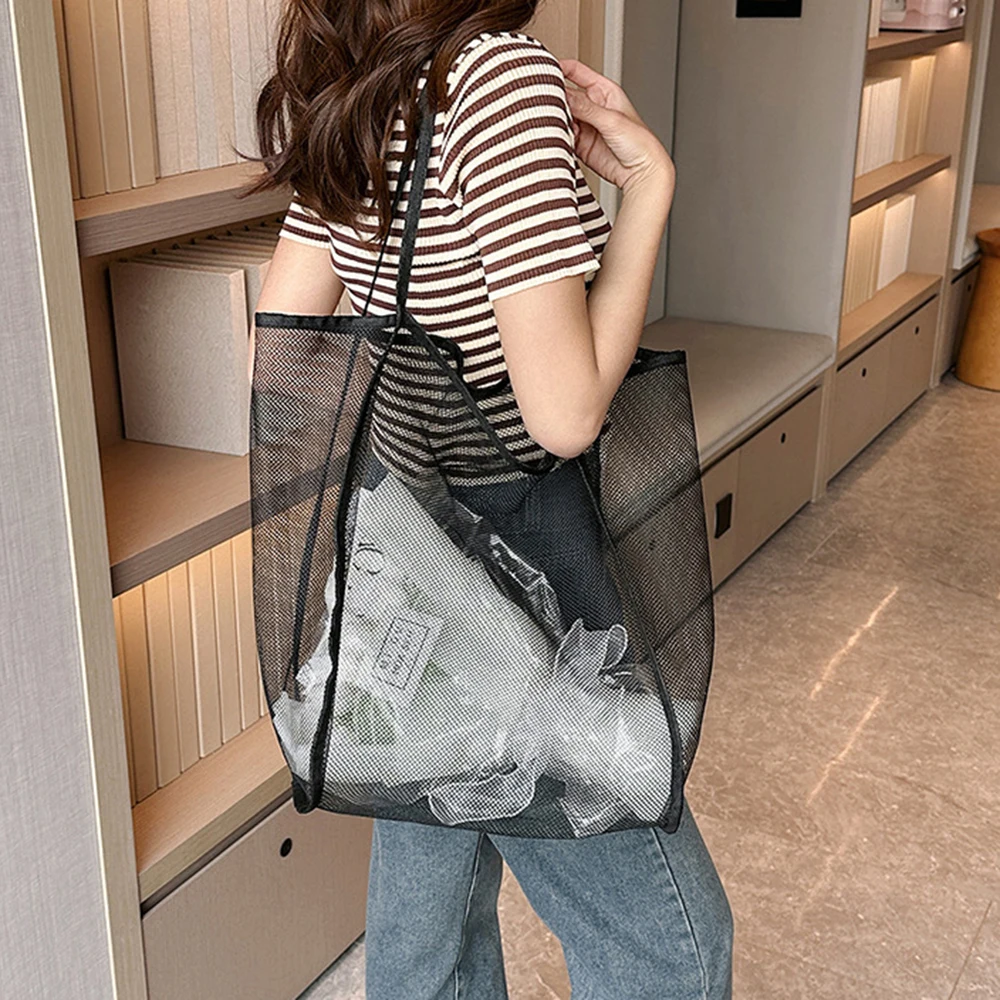 Transparent Mesh Storage Bag Shoulder Bag Fashionable Lightweight Large Capacity Versatile Shopping Beach Bag Organize