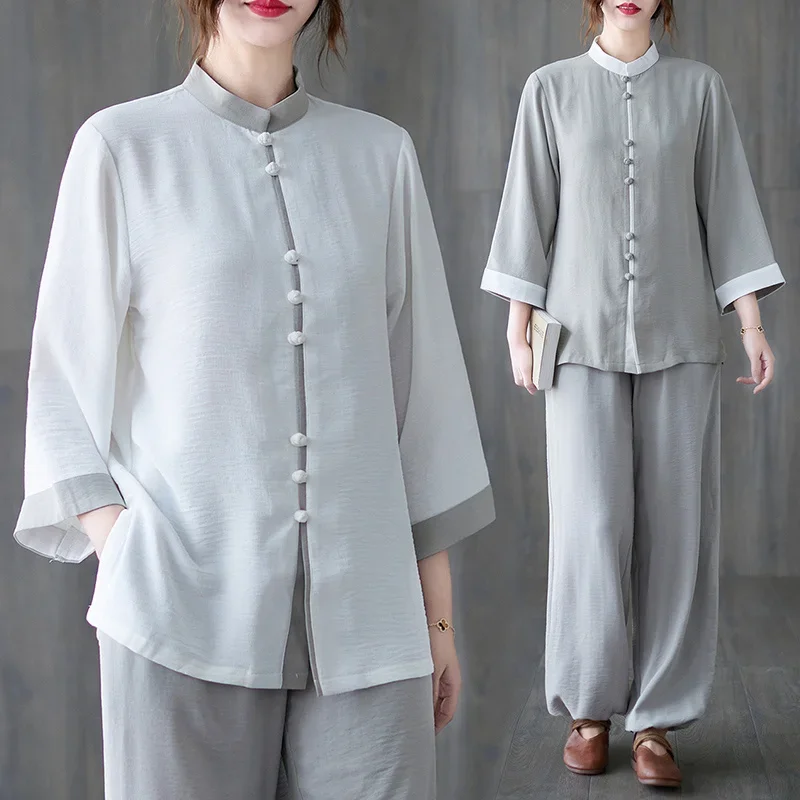 China Tai Chi Clothing Vintage Fashion Kung Fu Jacket Set Chinese Style Women's Clothing National Cotton Linen Tang Suit Suit
